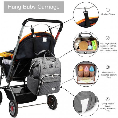 Kono Plain Wide Opening Baby Nappy Changing Backpack With USB Connectivity - Grey