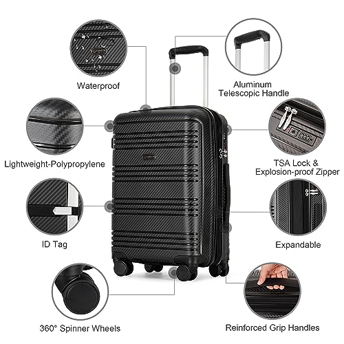 GinzaTravel 3-piece sets luggage with scratch-resistant PP material, expandable（all 20 25 29 Super light, large-capacity double seal suitcase, Black color, Carry-On 20-Inch, Lightweight Luggage Tsa