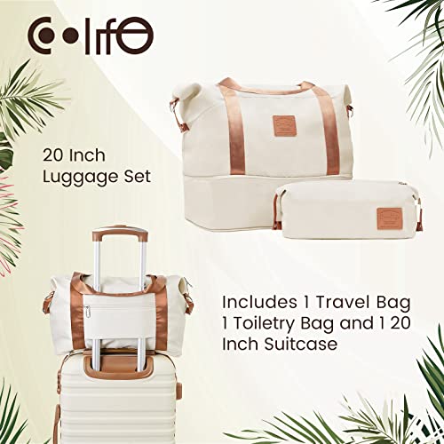 COOLIFE Suitcase Trolley Carry On Hand Cabin Luggage Set with TSA Lock, Hard Shell Lightweight Included 1pcs Travel Bag and 1pcs Toiletry Bag (White/Brown, 20 Inch)