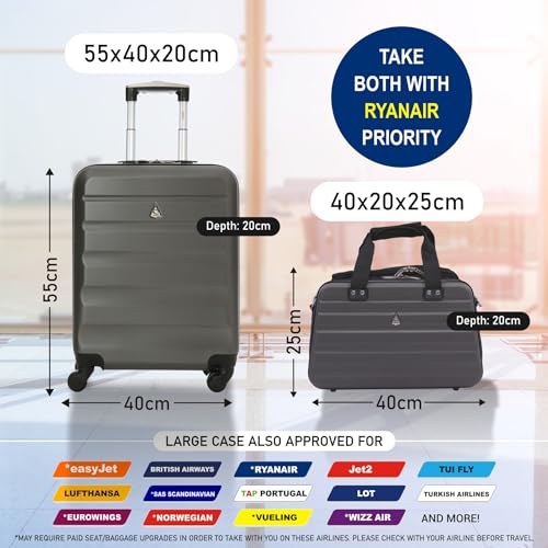 Aerolite Ryanair Maximum Size Set - 55x40x20 ABS 4-Wheel Cabin Bag Suitcase + 40x20x25 Carry On Shoulder Flight Luggage Bag