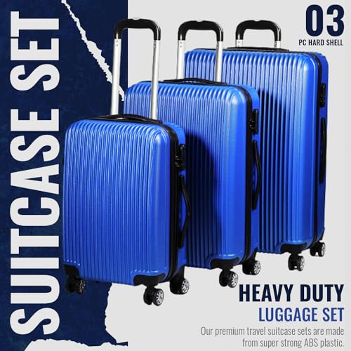 SA Products 3pc Hard Shell Suitcase Set - Lightweight Large Suitcase Set - ABS 3 Piece Luggage Set Includes Cabin & Hold Luggage - Premium Luggage Sets - 4 Wheel Suitcase Sets for Men Women - Blue