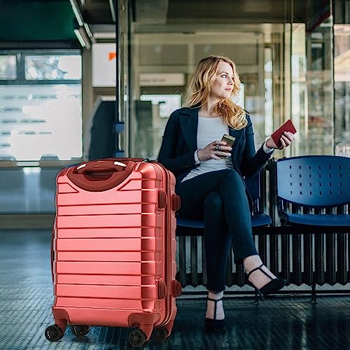 Hard Shell PC Carry on Cabin Approved 20'' Lightweight Suitcase Luggage Trolley with 4 Spinner Wheels TSA Combination Lock Suitcase Approved by Over 100+ Airlines (Red Wine)
