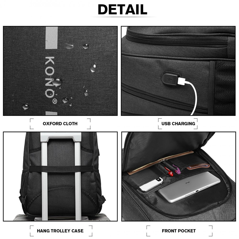 Kono Large Backpack With Reflective Stripe And USB Charging Interface - Black