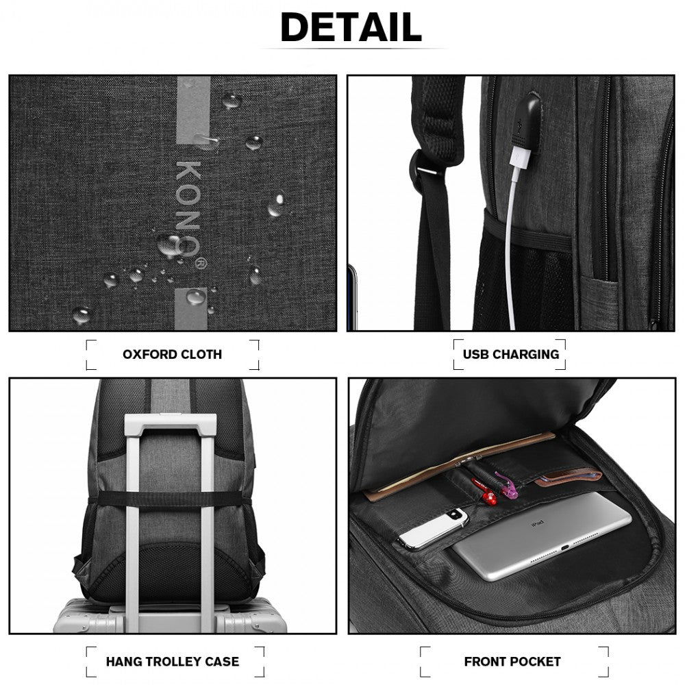 Kono Large Backpack With Reflective Stripe And USB Charging Interface - Grey