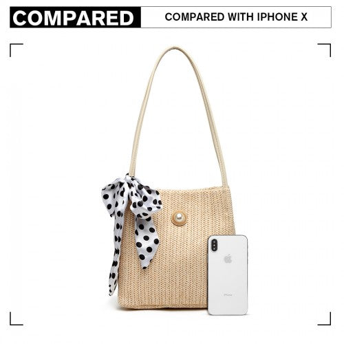 Miss Lulu Woven Straw Design Shoulder Bag With Polka Dot Scarf - Beige