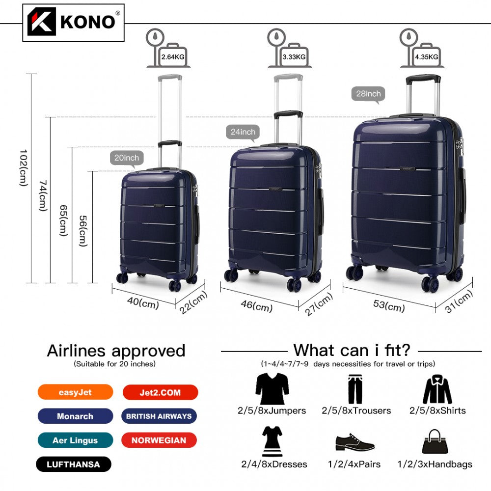 Kono 20/24/28” Hard Shell PP Suitcase Set - Navy
