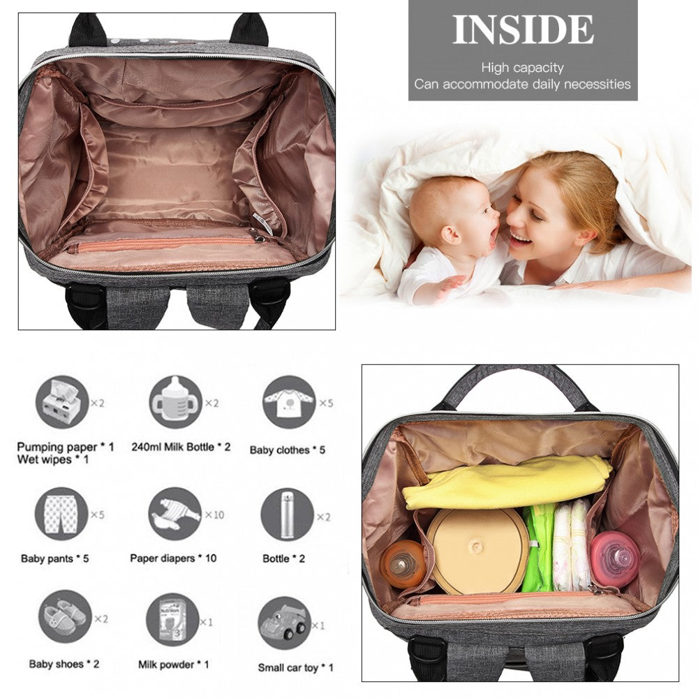 Kono Polka Dot Maternity Backpack Bag With USB Connectivity - Grey