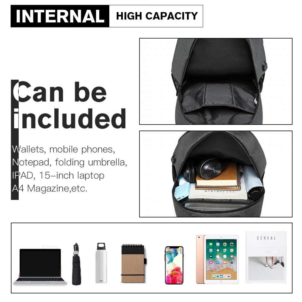 Kono Large Backpack With Reflective Stripe And USB Charging Interface - Grey