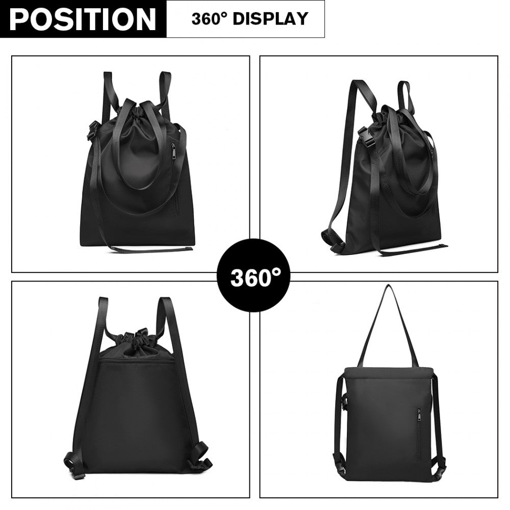 Kono Nylon Multi Way Drawstring Backpack Shoulder Bag - Black
