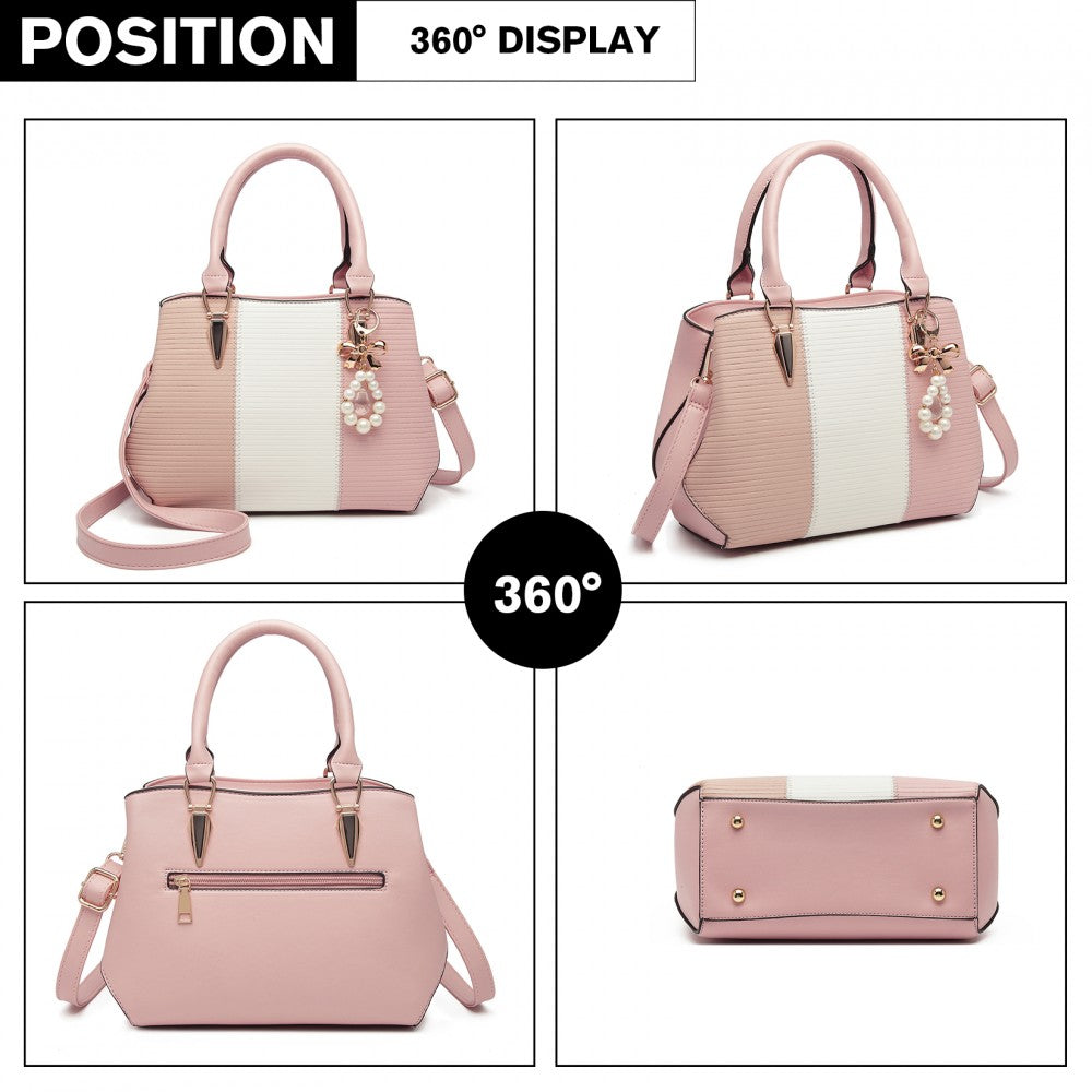 Miss Lulu Leather Look Colour Block Bow Pendant Handbag - Pink