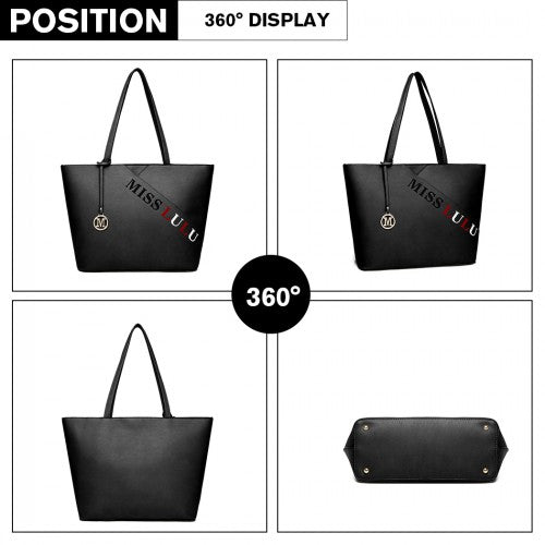 Miss Lulu Leather Look Embroidered Tote Bag - Black