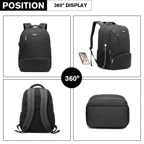 Kono Multi Compartment Backpack With USB Connectivity - Black