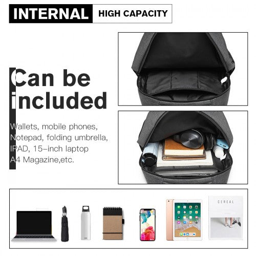 Kono Large Backpack With USB Charging Interface - Grey