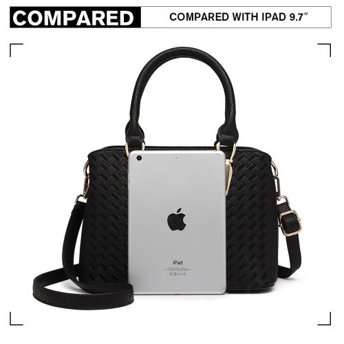 Miss Lulu Leather Look Weave Effect Shoulder Bag - Black
