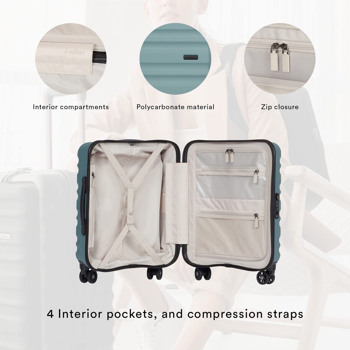 ANTLER - Cabin Suitcase - Clifton Luggage - Size Cabin, Mineral - 20x40x55, Lightweight Suitcase for Travel & Holidays - Spinner Carry On Suitcase with 4 Wheels & Twist Grip Handle -TSA Approved Locks