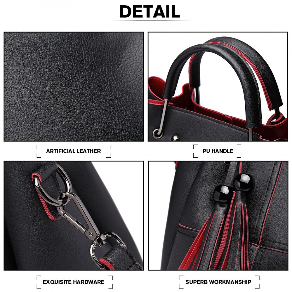 Miss Lulu Leather Look 2 In 1 Bucket Handbag - Black