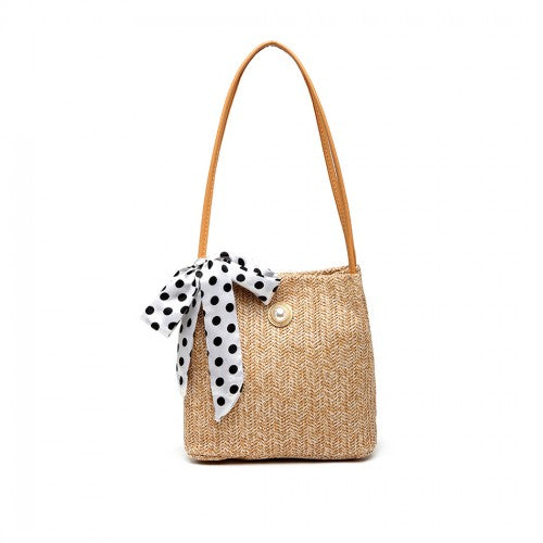 Miss Lulu Woven Straw Design Shoulder Bag With Polka Dot Scarf - Khaki