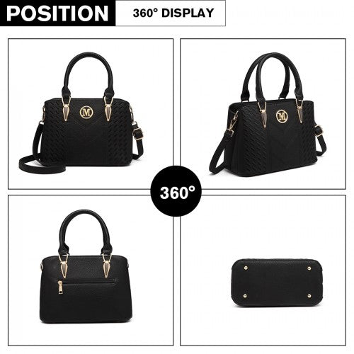 Miss Lulu Leather Look Weave Effect Shoulder Bag - Black