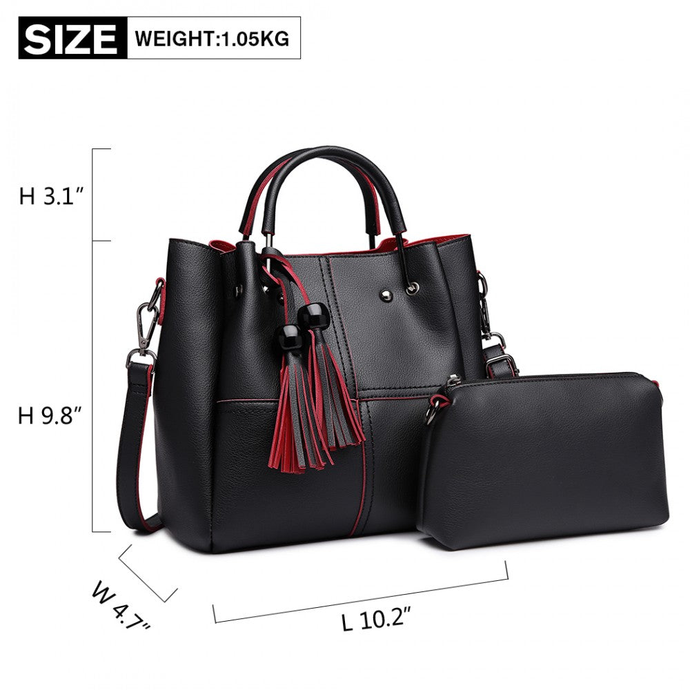 Miss Lulu Leather Look 2 In 1 Bucket Handbag - Black