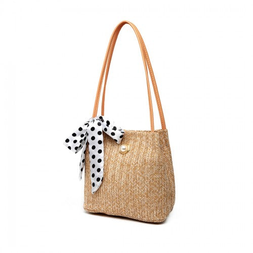 Miss Lulu Woven Straw Design Shoulder Bag With Polka Dot Scarf - Khaki