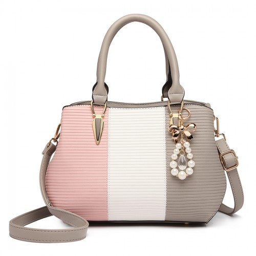Miss Lulu Leather Look Colour Block Bow Pendant Handbag - Grey