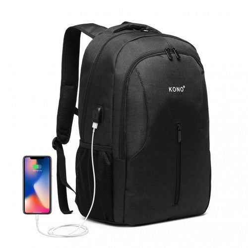 Kono Large Backpack With USB Charging Interface - Black