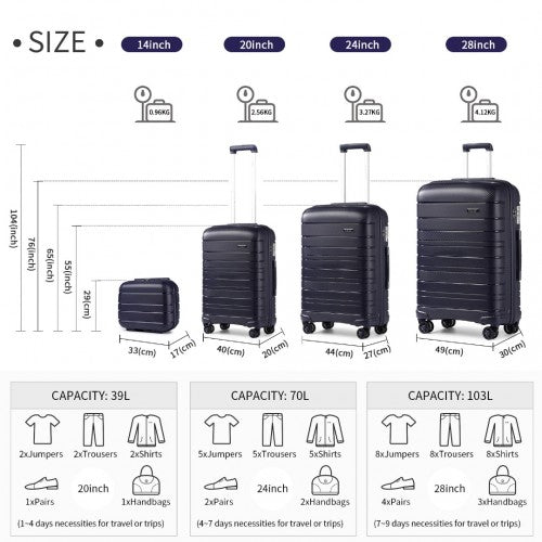 Kono Multi Texture Hard Shell PP Suitcase With TSA Lock and Vanity Case 4 Pieces Set - Classic Collection - Navy