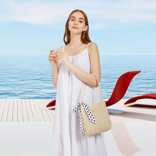 Miss Lulu Woven Straw Design Shoulder Bag With Polka Dot Scarf - Beige