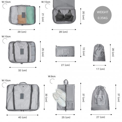 Kono 8 Piece Polyester Travel Luggage Organiser Bag Set - Grey