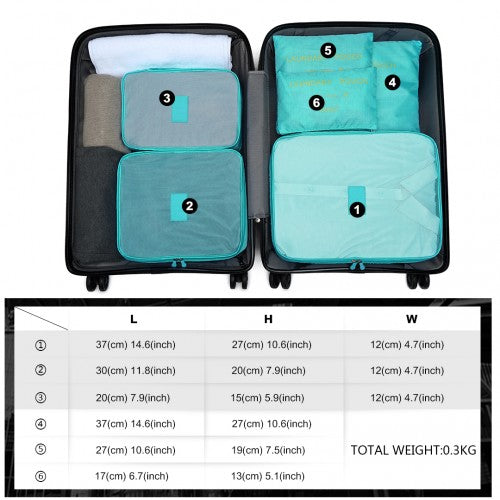 Kono 6 Piece Polyester Travel Luggage Organiser Bag Set - Blue