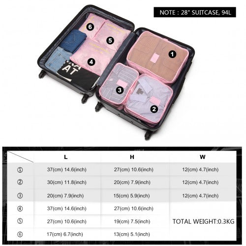 Miss Lulu 6 Piece Polyester Travel Luggage Organiser Bag Set - Pink