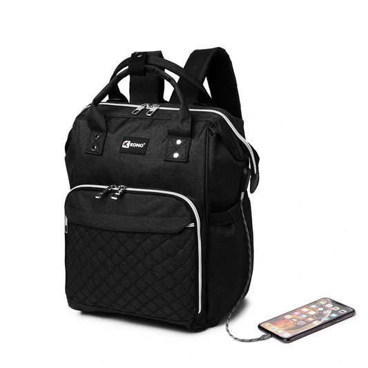 Kono Plain Wide Opening Baby Nappy Changing Backpack With USB Connectivity - Black