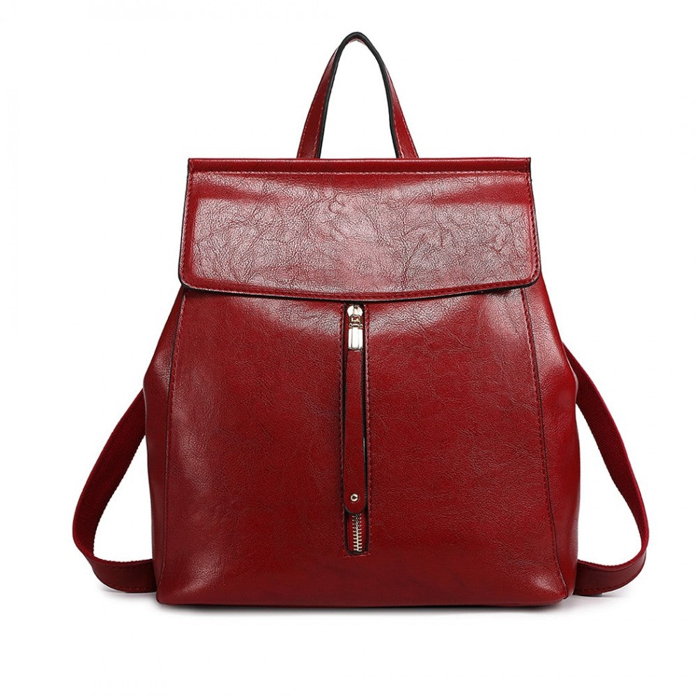 Miss Lulu Vintage Oil-Wax Faux Leather Backpack - Burgundy