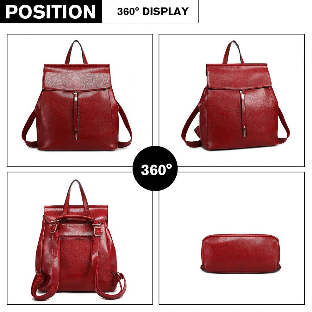 Miss Lulu Vintage Oil-Wax Faux Leather Backpack - Burgundy