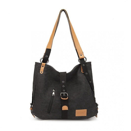 Kono Canvas Hobo Slouch Shoulder Bag And Backpack - Black