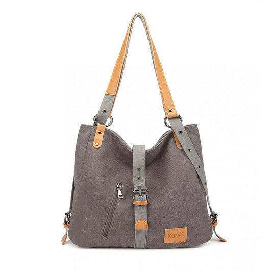 Kono Canvas Hobo Slouch Shoulder Bag And Backpack - Grey
