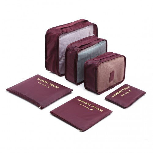 Miss Lulu 6 Piece Polyester Travel Luggage Organiser Bag Set - Burgundy