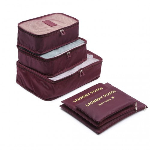 Miss Lulu 6 Piece Polyester Travel Luggage Organiser Bag Set - Burgundy