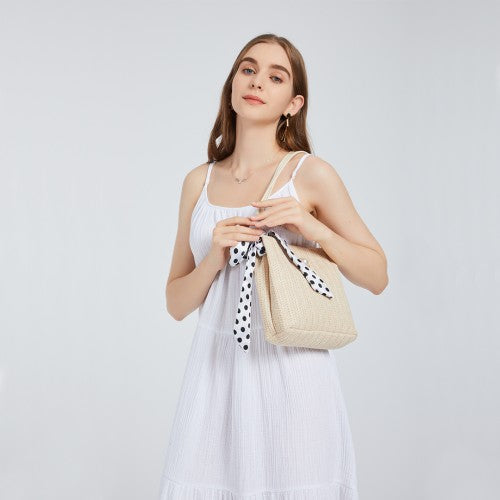Miss Lulu Woven Straw Design Shoulder Bag With Polka Dot Scarf - Beige