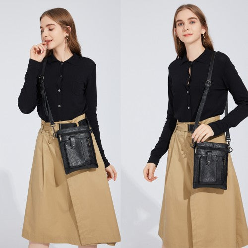 Miss Lulu Multi Compartment Cross Body Shoulder Bag - Black