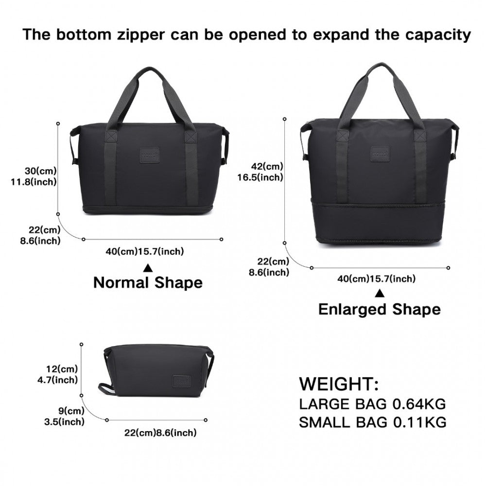 Kono Two Pieces Expandable Durable Waterproof Travel Duffle Bag Set - Black