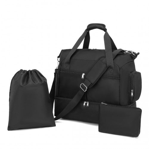 Kono Waterproof Multi-Pocket Travel Duffel Bag Set With Dedicated Shoe Compartment - Black