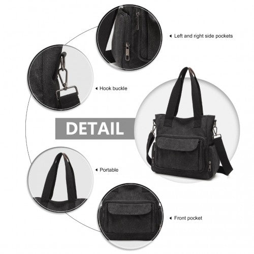 Kono Large Capacity Multi Compartment Canvas Crossbody Tote Bag - Black