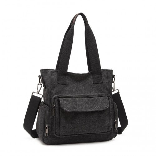 Kono Large Capacity Multi Compartment Canvas Crossbody Tote Bag - Black