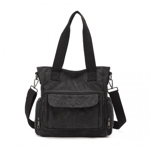 Kono Large Capacity Multi Compartment Canvas Crossbody Tote Bag - Black