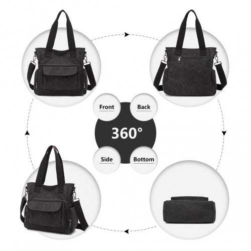 Kono Large Capacity Multi Compartment Canvas Crossbody Tote Bag - Black