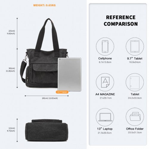Kono Large Capacity Multi Compartment Canvas Crossbody Tote Bag - Black