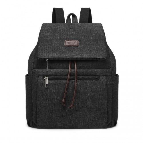 Kono Canvas Clamshell Drawstring School Backpack - Black