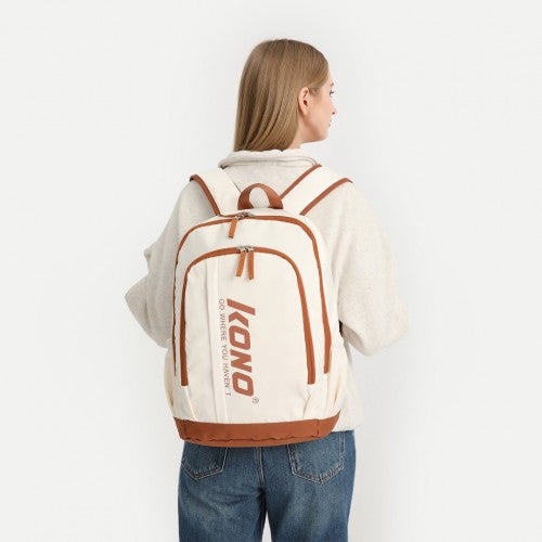 Kono Contrasting Colors Waterproof Casual Backpack With Laptop Compartment - Beige