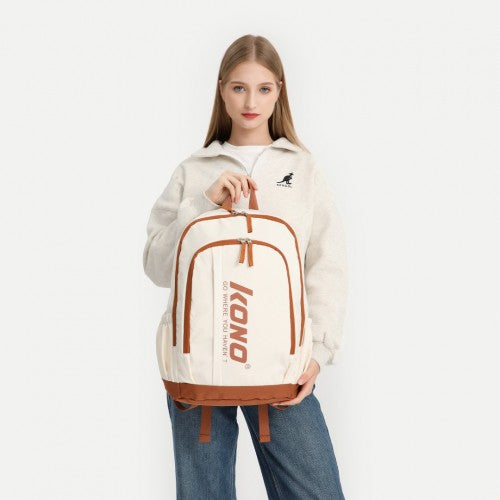 Kono Contrasting Colors Waterproof Casual Backpack With Laptop Compartment - Beige